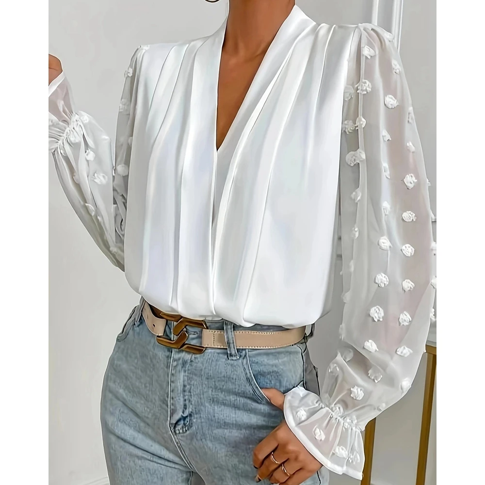 2024 Women's V-neck Lantern Sleeve Blouse Contrast Sheer Mesh Ruched Casual White Shirts Fashion Spring Basic Top Workwear