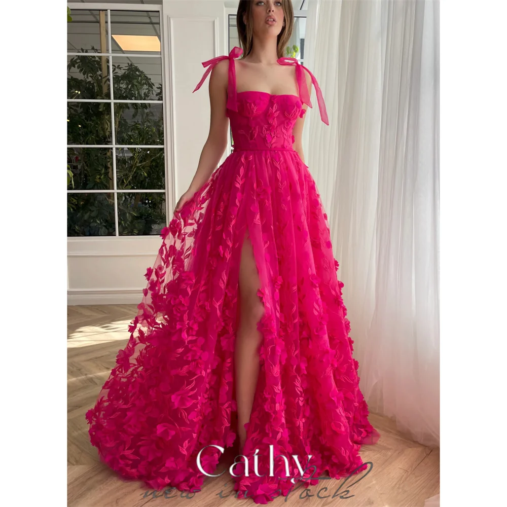 

Cathy Flower Appliques Prom Dresses A-line Tulle Vestidos De Noche Spaghetti Strap Sleeveless Sexy Side Split Cocktail Party