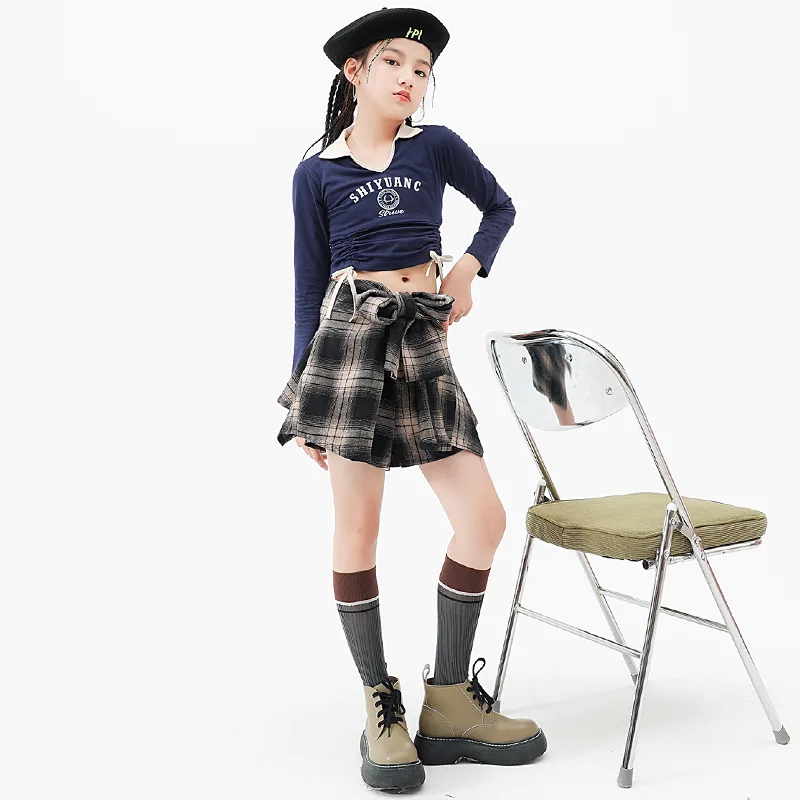 

Hip Hop Clothes Girls Casual Navy Blue Letter Print Lapel Crop Top Black Plaid Short Skirt Set Street Dance Costume Rave Outfits