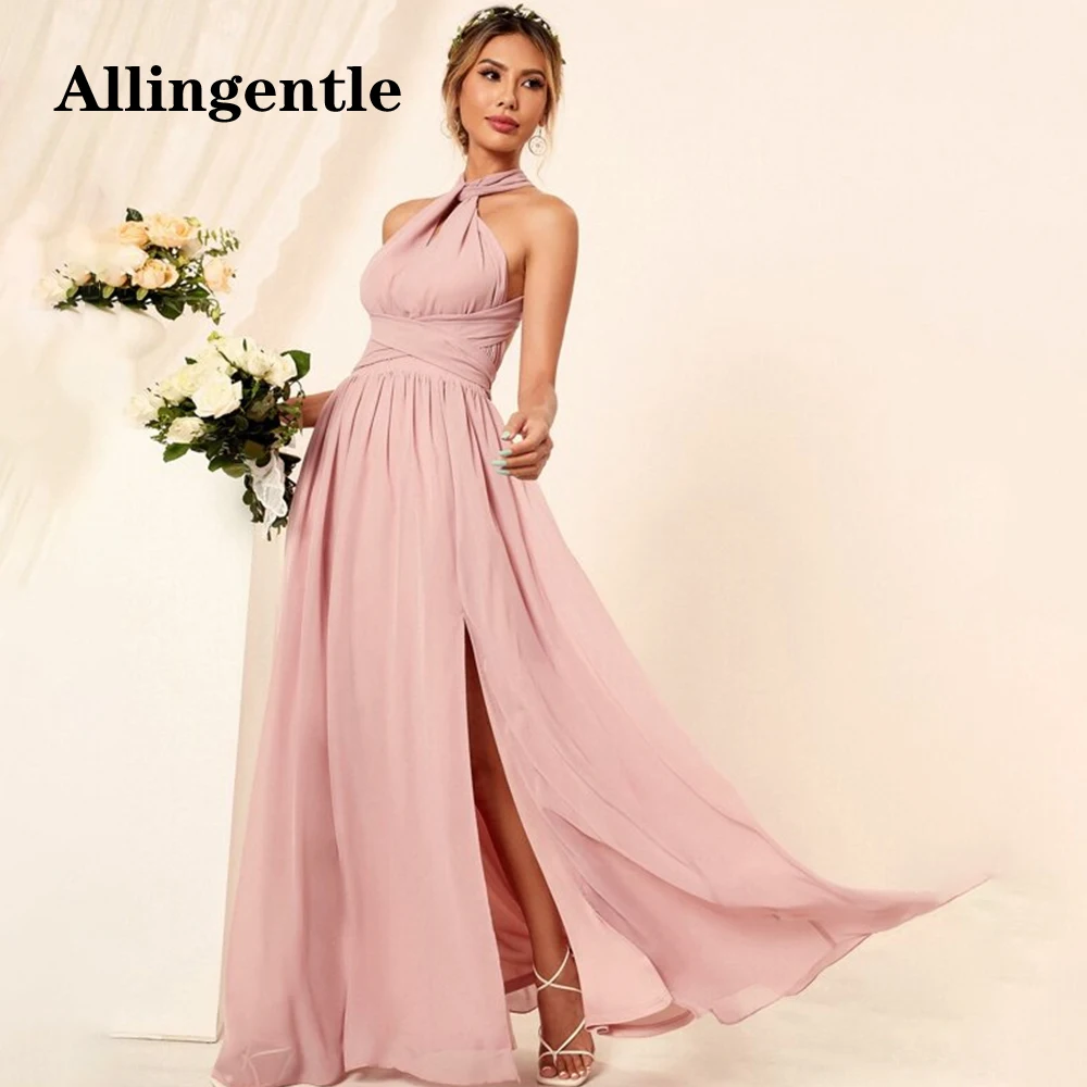 

Allingentle Sexy Halter Sleeveless Bridesmaid Dresses 2024 Cross Backless High Waist Ruched A Line Side Slit Chiffon Party Gowns