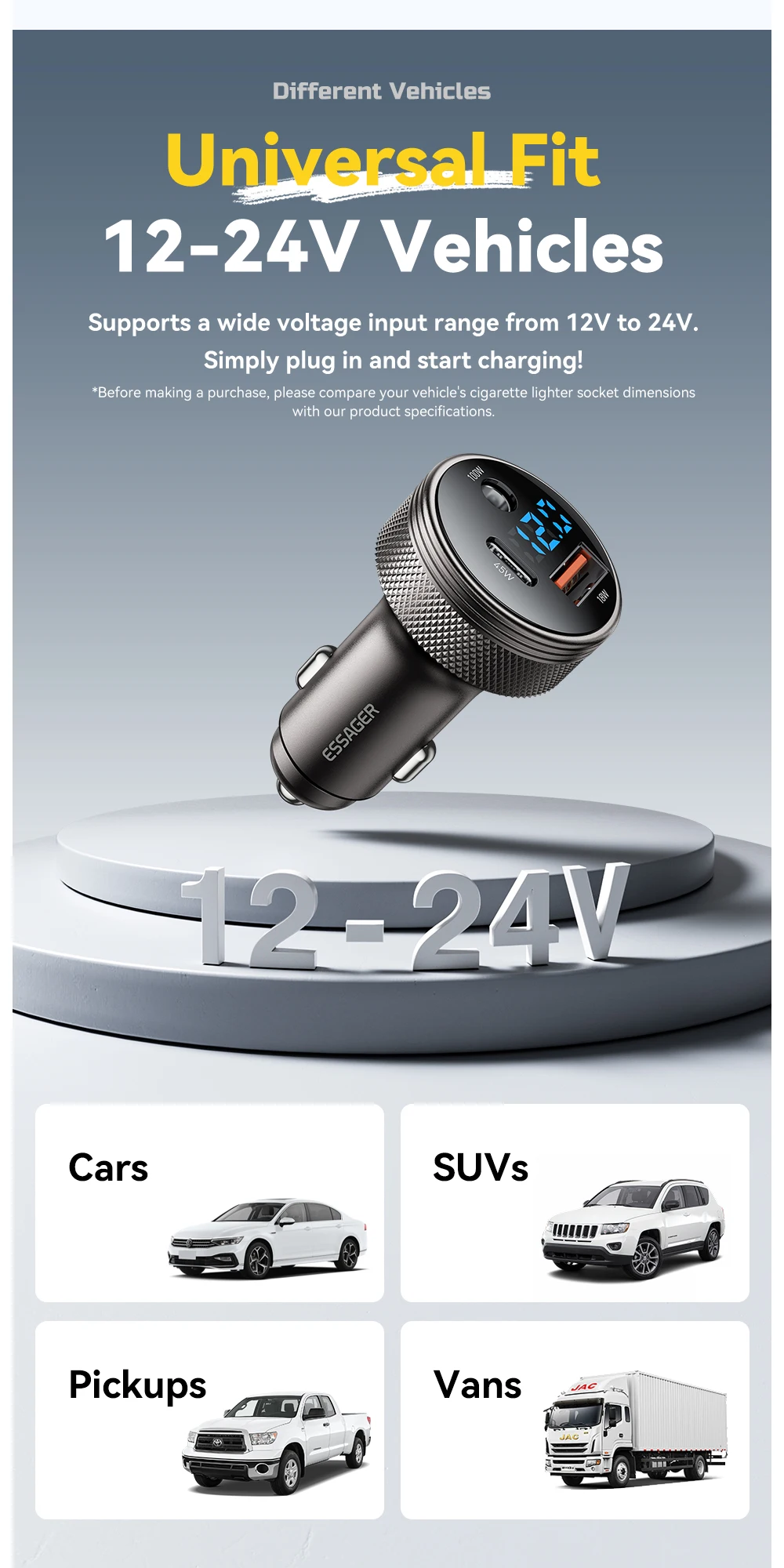 Essager 150 W Autoladegerät USB Typ-C Schnellladung QC3.0 PD 3.0 Schnellladung für iPhone 16 15 14 Samsung XiaoMi Digitalanzeige – Detail 10