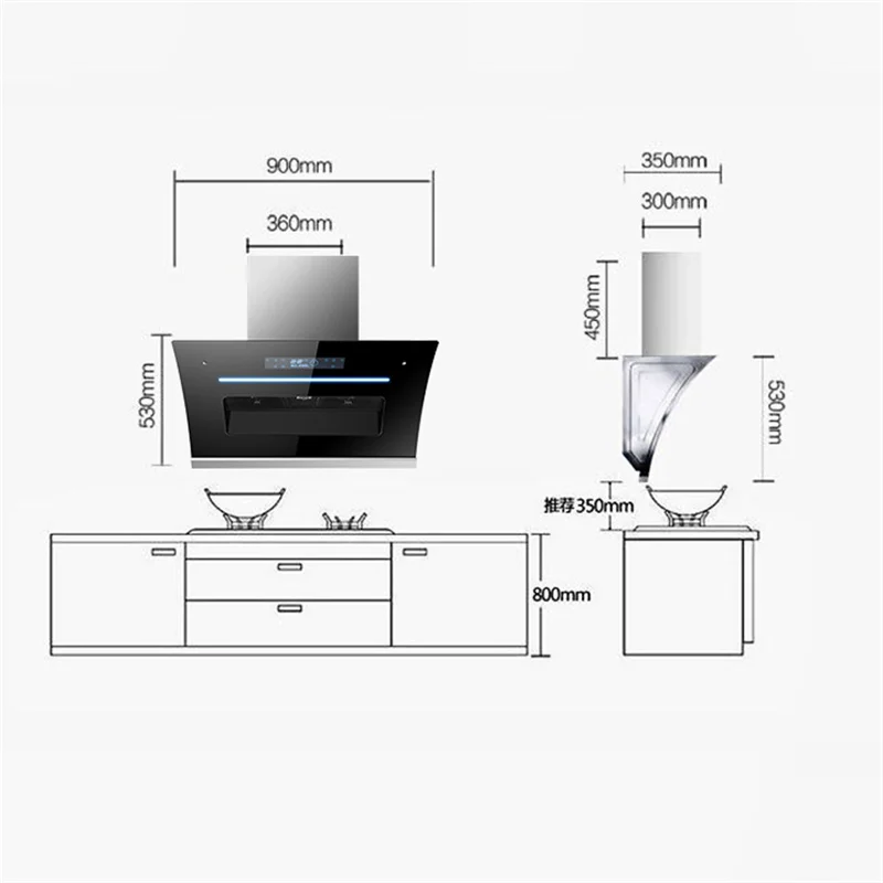 900mm Kitchen Range Hood Household Range Hood Side Suction Wall Mounted Intelligent Automatic Cleaning Exhaust Hoods