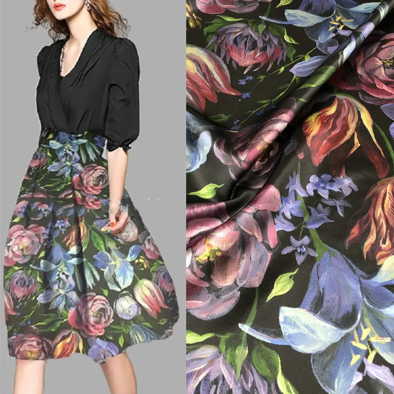 

New Heavyweight Silk Satin Oil Painting Lily Rose Print Shirt Skirt 100% Mulberry Silk Fabric Designer Brocade Cloth for Sewing