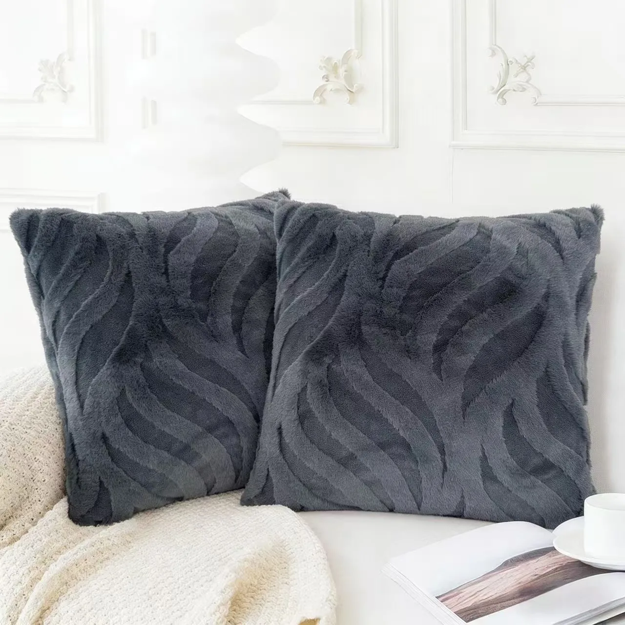 Set of 2 Luxurious Plush Decorative Throw Pillow Covers