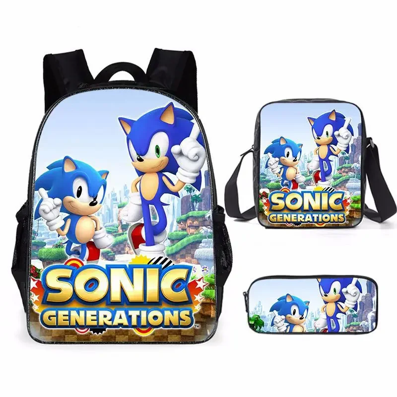 The New Cartoon Sonic Three-piece Schoolbag Primary and Secondary School Students Messenger Bag Pencil Bag Zipper Backpack