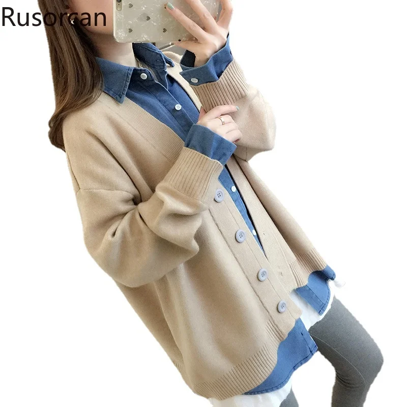 

Spring Thickened Denim Splice Fake Two Piece Knitted Coat New Women's Loose Korean Version Shirt Collar Sweater Cardigan Trend