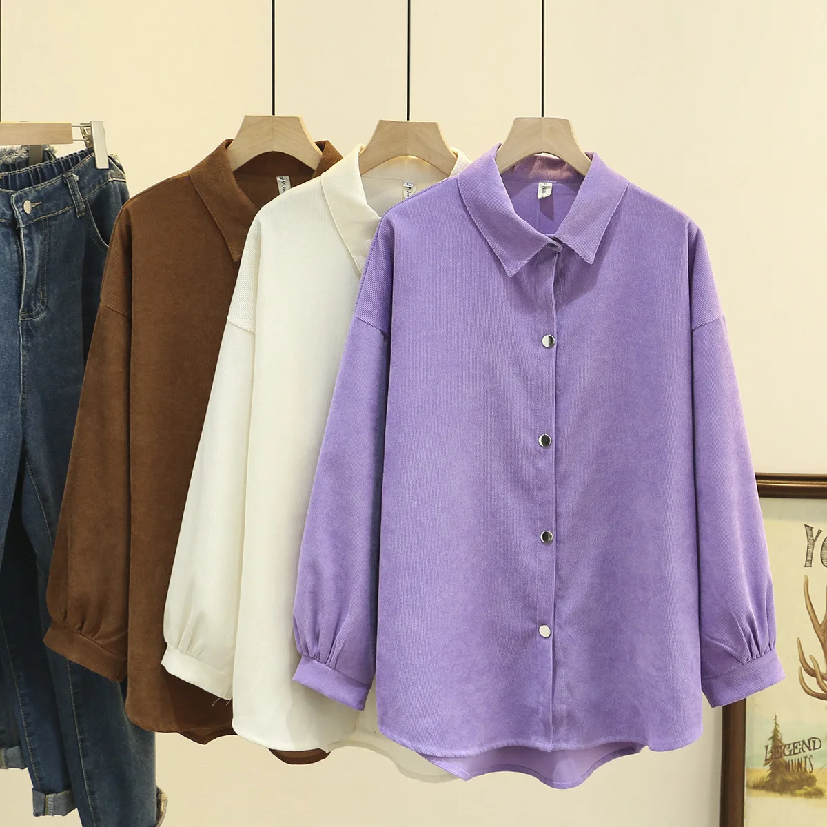 Women's Corduroy Long Sleeve Asymmetrical Length Blouses, Curve Clothes, Loose Tops, Solid Color, Plus Size, 4XL, Spring