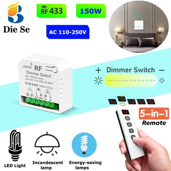 Interruttore Dimmer Wireless 433MHz AC 220V 150W e Interruttore a Muro 86 con Telecomando a 5 Canali per Lampade LED, Alogene e Incandescenti