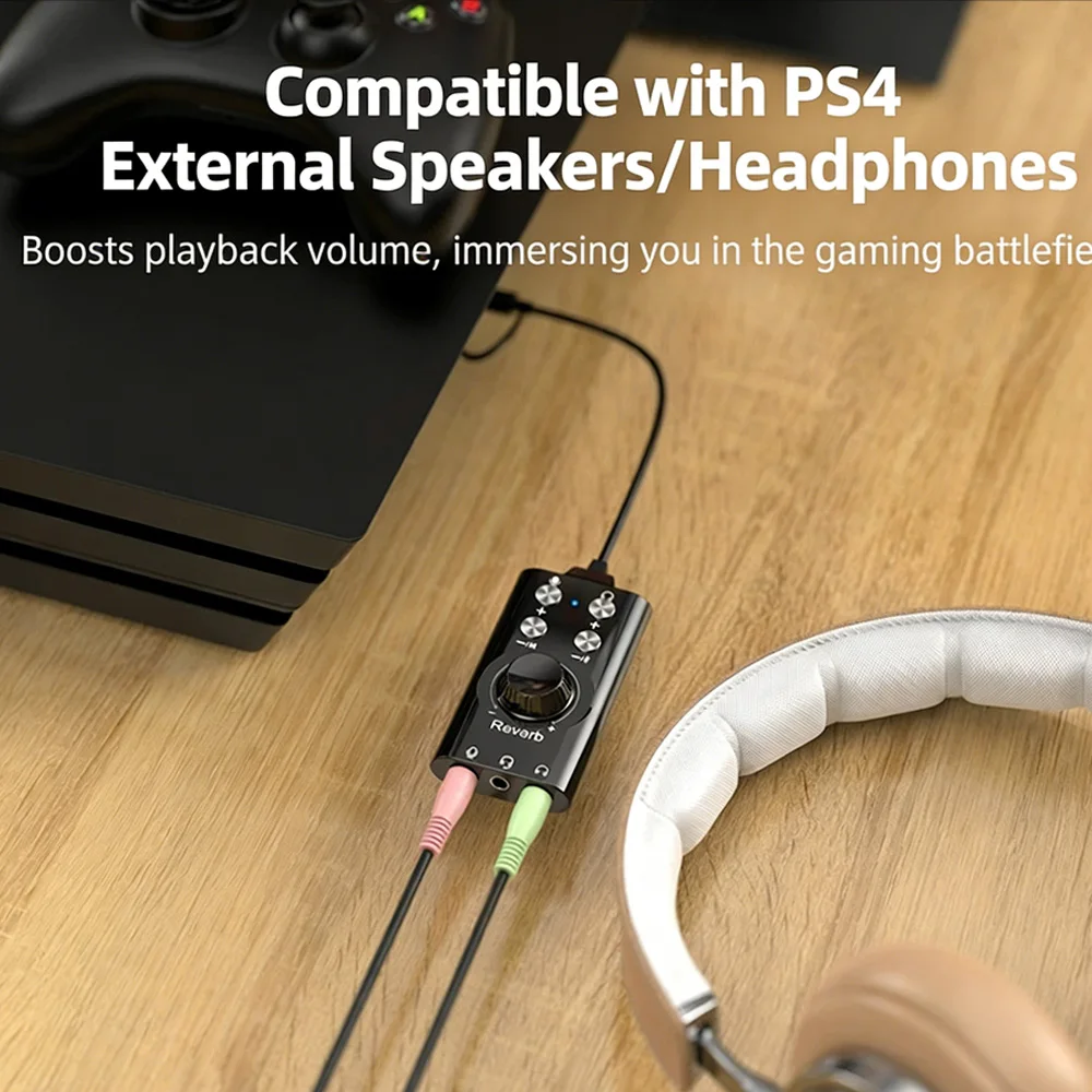 리버브 효과가 있는 USB Type-C 오디오 인터페이스, 컴퓨터 스마트폰 PS4용 휴대용 사운드 카드, 원키 음소거 기능
