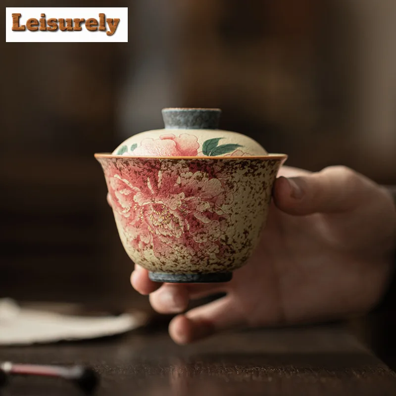 120ml Blue And White Flint Red Peony Gaiwan Elegant Tea Tureen Tea Bowl With Lid Kit Tea Maker Cover Bowl Kung Fu Tea Set Craft