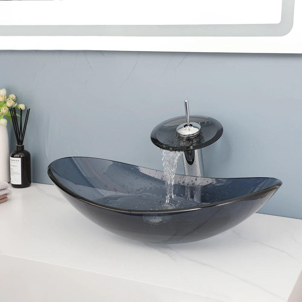 KEMAIDI Bathroom Vessel Sink Oval Glass Vessel Sink with Waterfall Faucet Tap Tempered Glass Bathroom Sinks Above Counter Basin 2