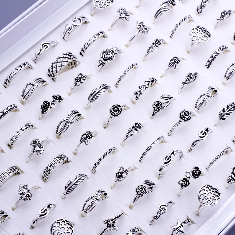 100 Pcs/Lot Vintage Bohemia Carved Flower Geometric Rings for Women Mix Style Antique Silvery Ethnic Jewelry Party Gift Wholesal