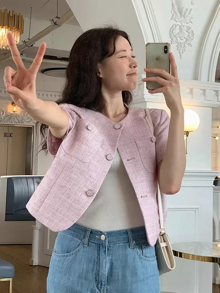 여름 스위트 트위드 스타일 라운드 넥 혼합 색상 버튼 루즈 피트 캐주얼 다목적 반팔 자켓 여성용