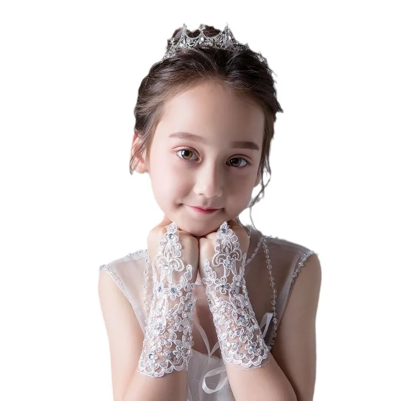 1 Pair Little Girls Long Princess Costume Glove White Dress Up Beading Glove for Kids Party Wedding Birthday