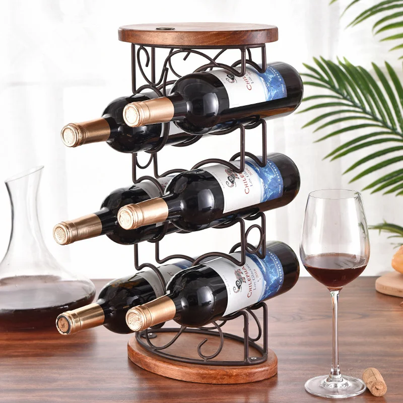 G Style Wooden Stable Wine Rack Oval Wooden Bottom Iron Art Six Bottle