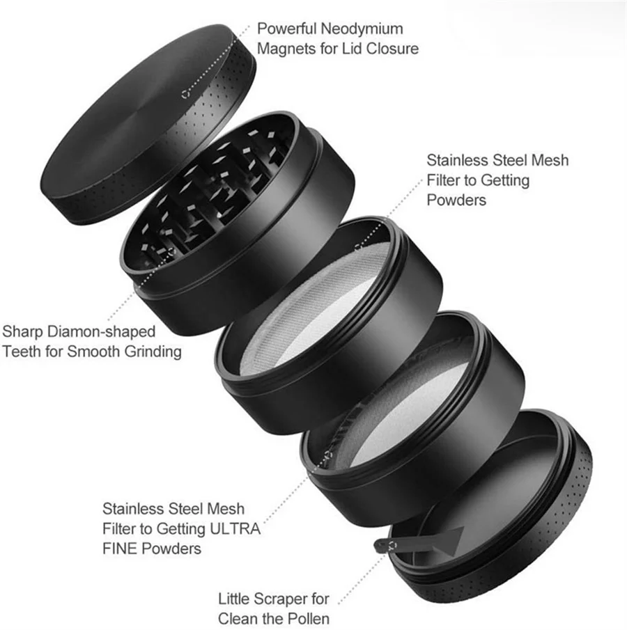 [5 Piece] Spice Herb Grinder with Pollen Catcher, 2.1 Inch, Metal Black 55mm