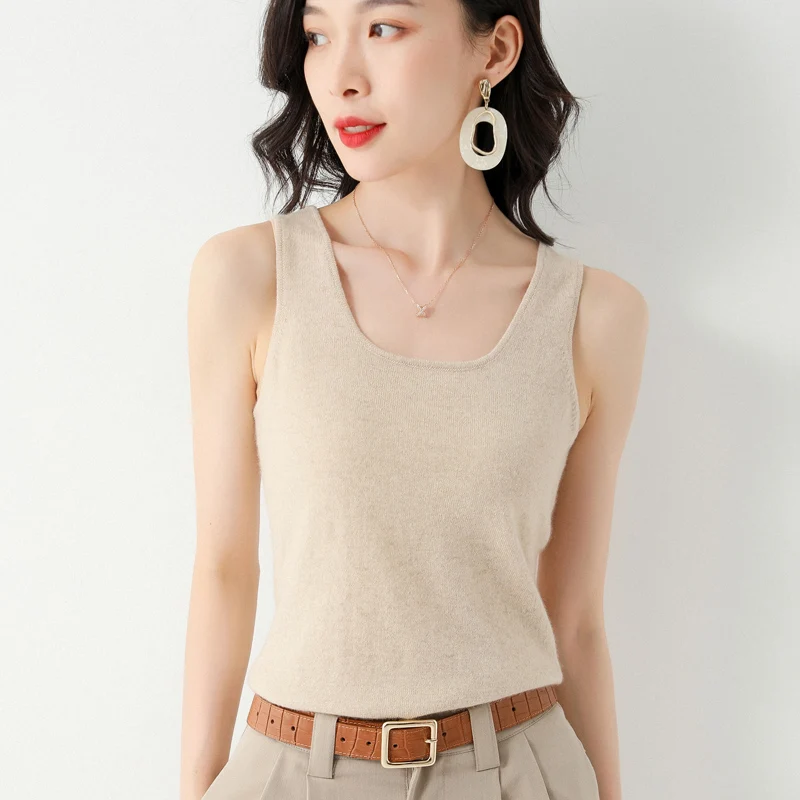 

Korean Style Camisole Women's Solid Color U-Neck Short Sleeveless Thin Section Knitted Spring And Autumn With a Slim Sweater Top