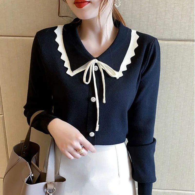 

2021 Autumn Winter New Lace-up Sweater Slim Long Sleeve Bottoming Knitted Shirt Top Mujer Doll Collar Sweater Women with Bow