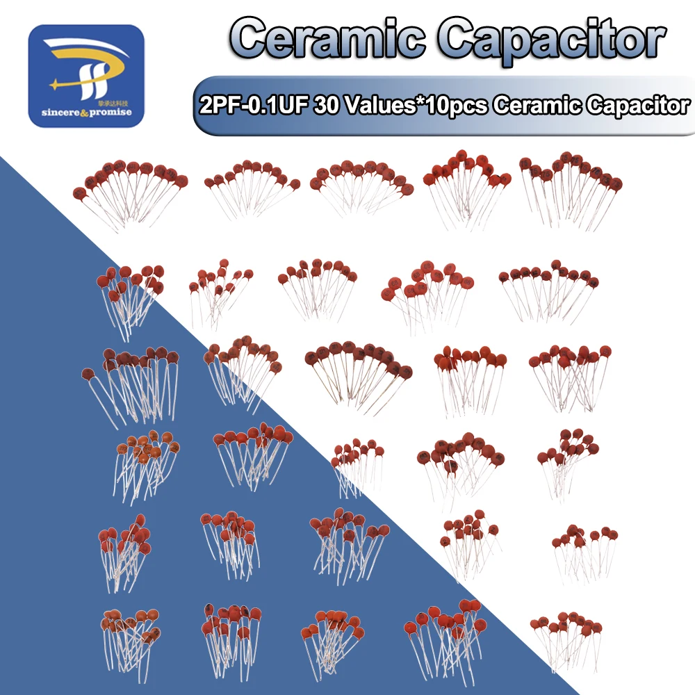 300pcs/lot Ceramic Capacitor Set Pack 2PF-0.1UF 30 Values*10pcs Electronic Components Package Capacitor Assorted Kit Samples Diy