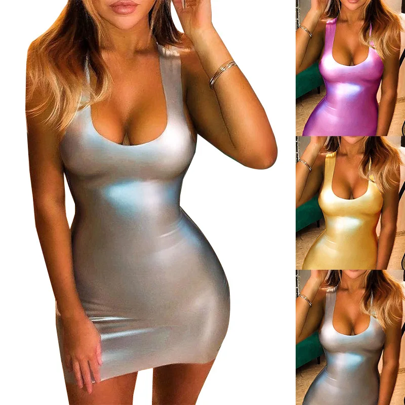

Skinny Sexy Party Mini Leather Dress Women's Tight-fitting Sleeveless Sexy PU Patent Leather Nightclub Summer Sleeveless