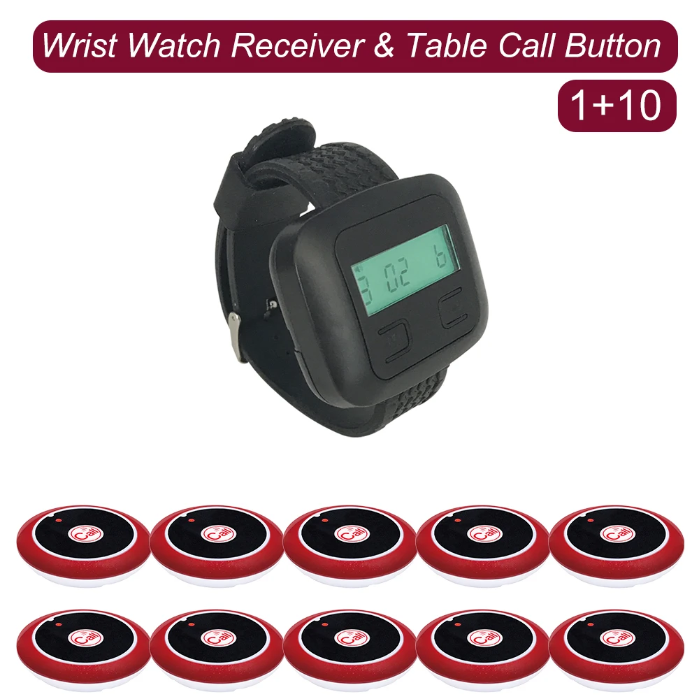 

JINGLE BELLS Wireless Restaurant Calling System 1 Watch Receiver Pager 10 Waiter Table Button Bell Transmitters for Clinic Cafe