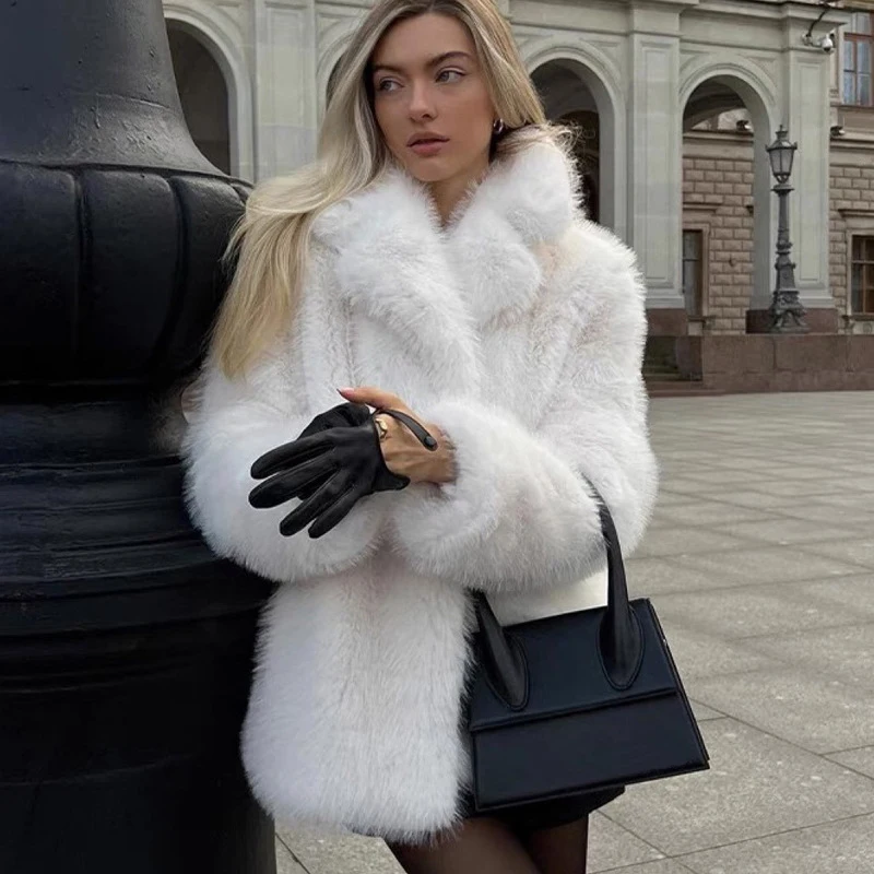 

Luxury Brand Fashion Fluffy Furry Faux Fur Jacket Women Winter Shaggy Overcoats Lapel Thick Warm Long Fox Fur Coat Outerwear