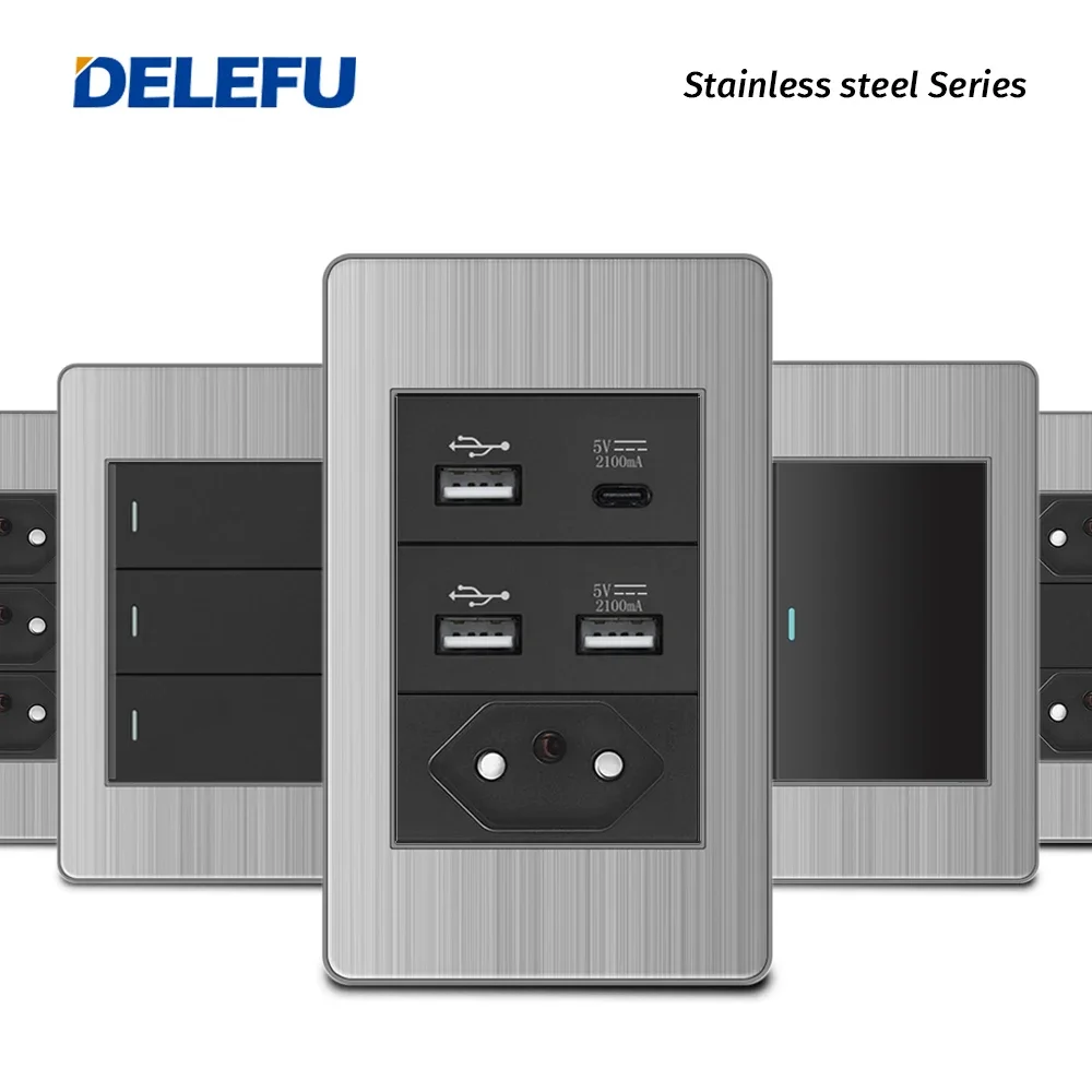 Delefu-tomada de Parede Preta com Painel de Brasil Standard Outlet Duplo Usb tipo c Interruptor de Luz Office 4×2 mm 10a 20a Aço Inoxidável
