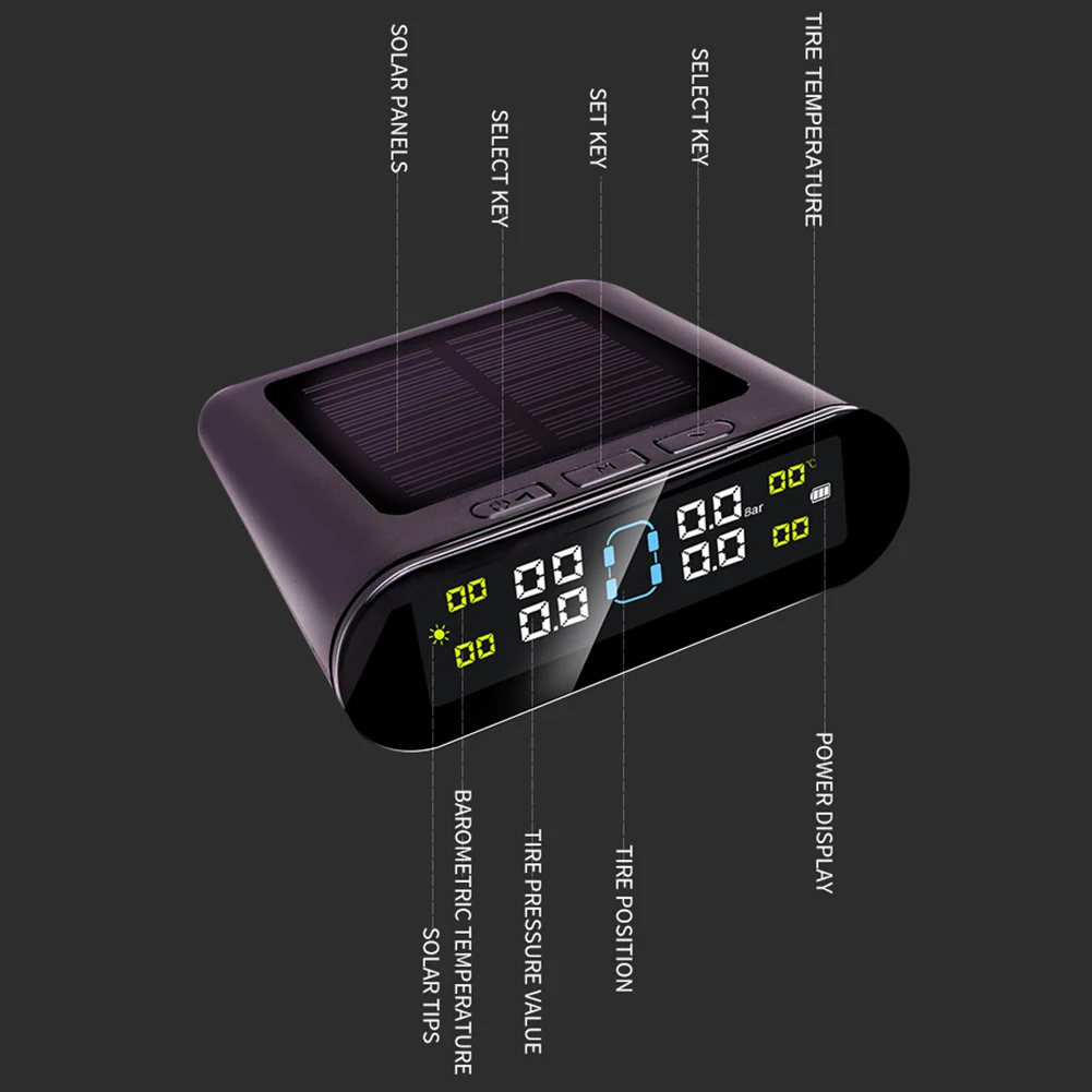 Tire Pressure Monitoring System External Internal Car Tire Pressure Monitor Solar Power USB Charge Auto Security Alarm Device