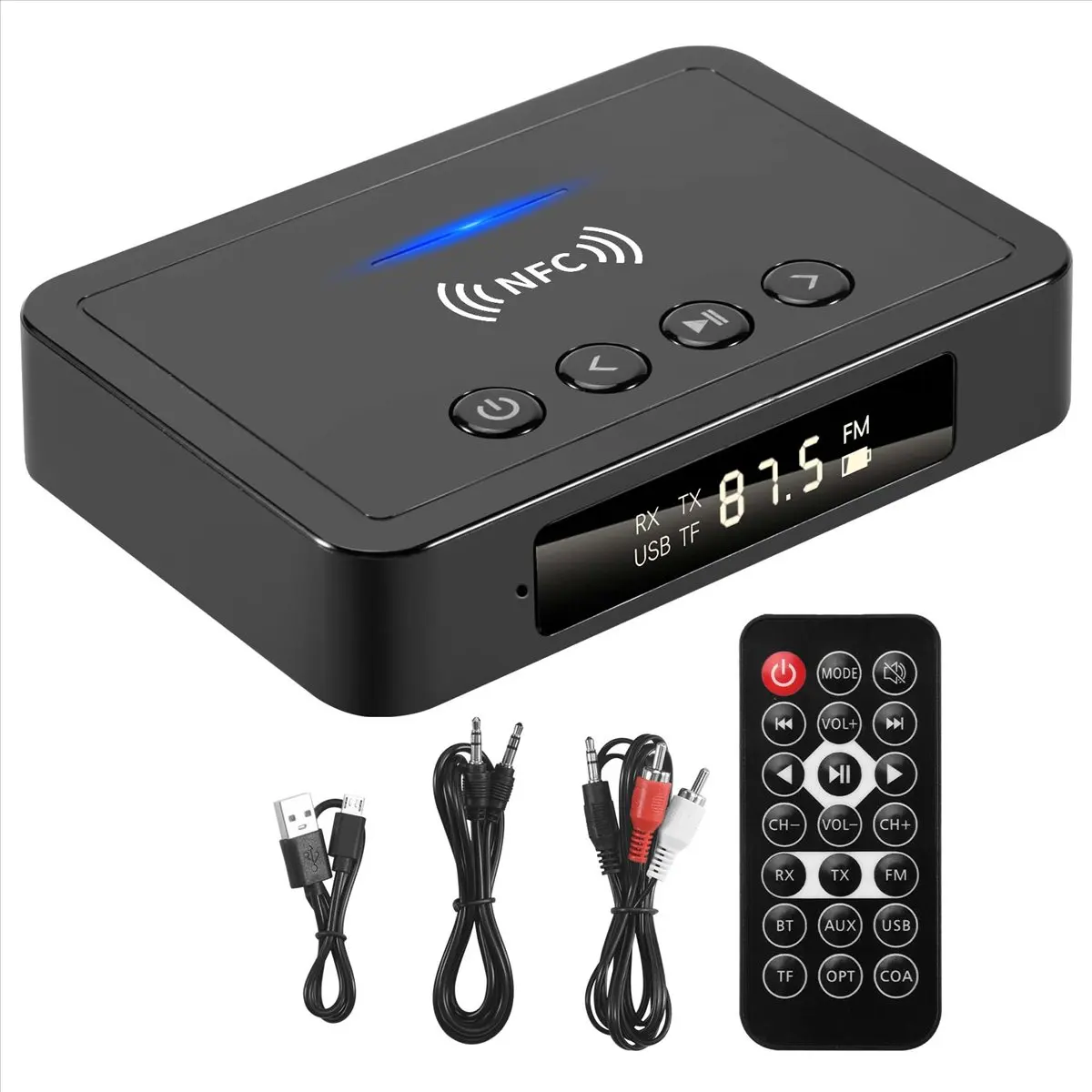(A75T) 블루투스 5.0 수신기 송신기 FM 스테레오 AUX 3.5mm 잭 RCA 무선 NFC 블루투스 오디오 어댑터 TV PC 헤드폰용