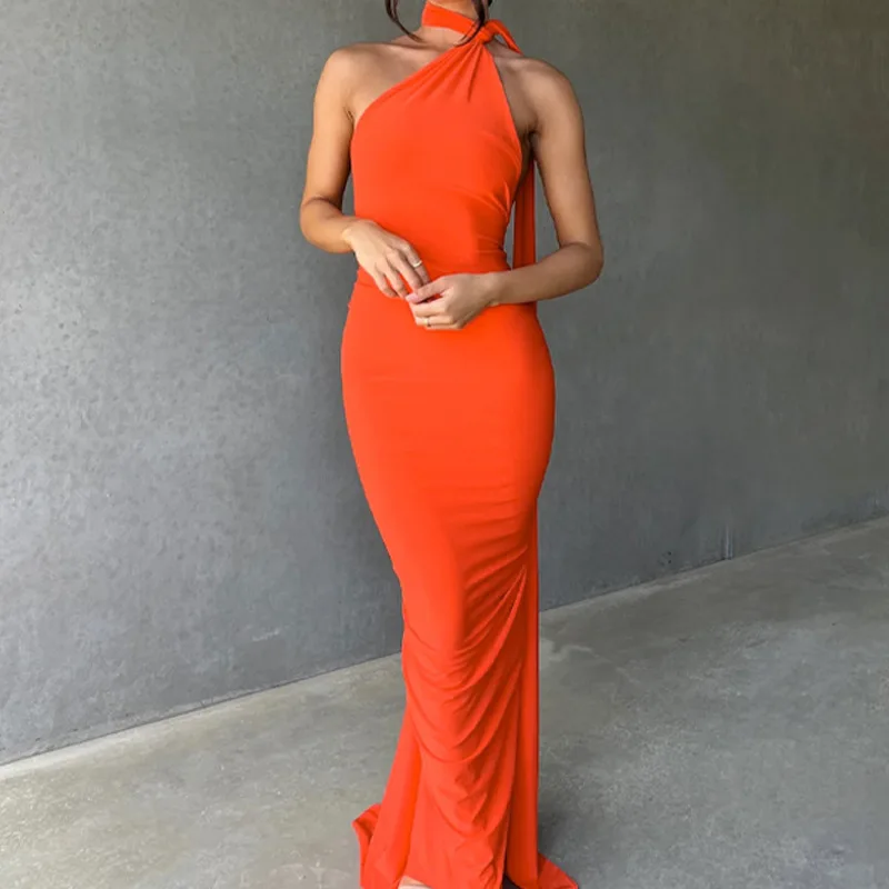 

Women Diagonal Collar Patchwork Evening Dress Fashion Multi-color Sleeveless Cocktail Dress Sexy Backless Hollow Slim Long Dress