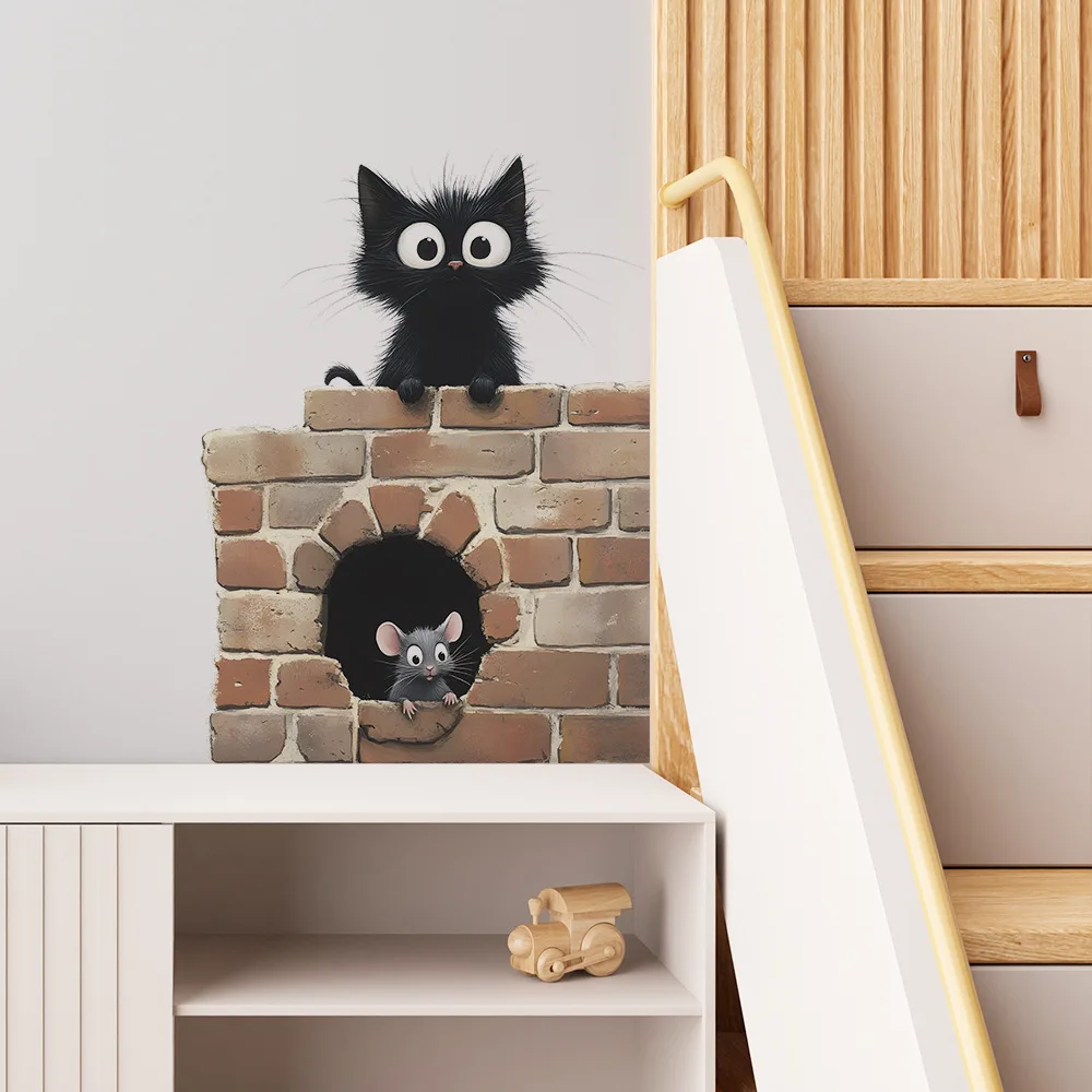 Wall Stickers Cartoon Cat Mouse Wall Sticker Kids Room Background Decor Beautify Mural Bedroom Study Door Home Decoration Self-adhesive Decals