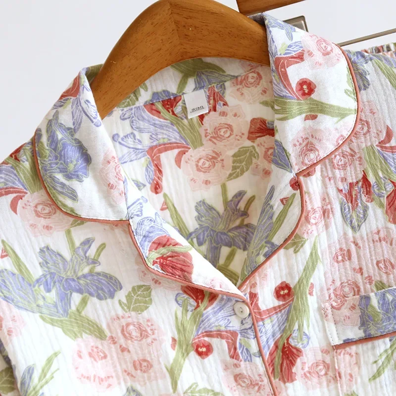 2024 New Spring and Autumn Women's Pajama Set 100% Cotton Printed Polo Collar Long Sleeve Two Piece Loose Floral Home Furnishing