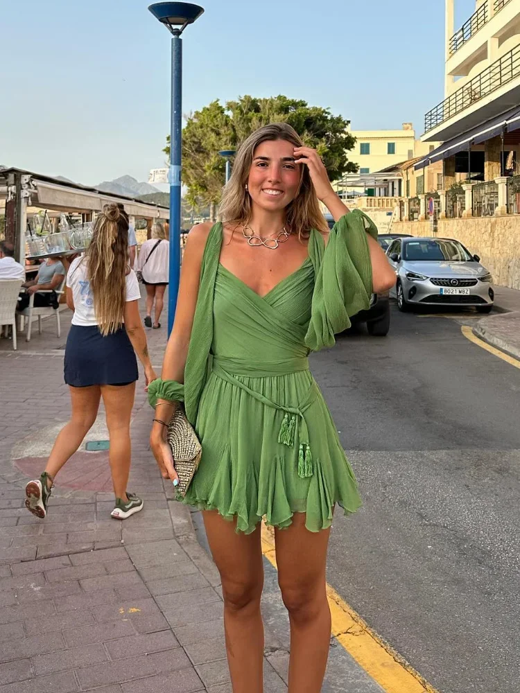 Women Fashion Chiffon Pleated Lace Up High Waist Mini Dress Chic Green Hollow Out Full Sleeve A-line Dresses Lady Beach Robes ﻿ 5