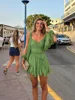 Women Fashion Chiffon Pleated Lace Up High Waist Mini Dress Chic Green Hollow Out Full Sleeve A-line Dresses Lady Beach Robes ﻿ 5
