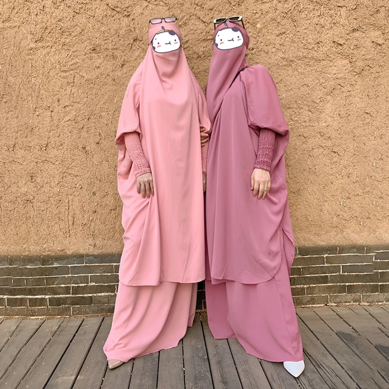 Eid Muslim Long Khimar Prayer Garment 2 Piece Set Abaya Dress Pant Suits Full Cover Islamic