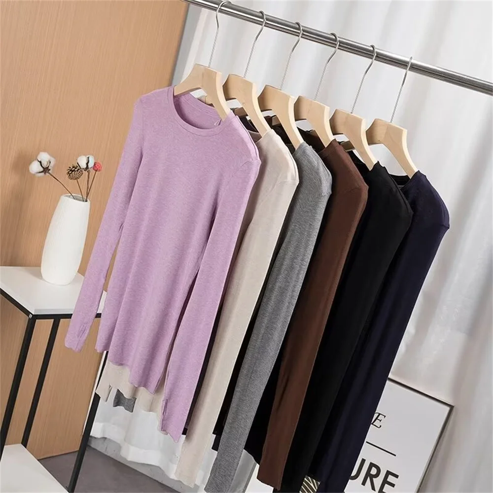 

Новинка 2024, облегающий эластичный тонкий шерстяной пуловер с круглым вырезом, Женский пуловер с пальцами, вязаная нижняя рубашка 71102