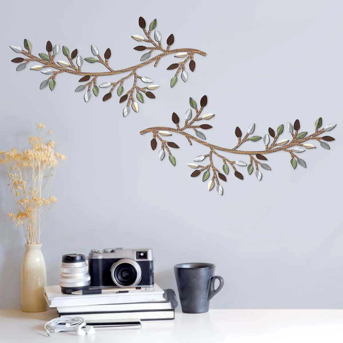 2Pcs Metal Tree Leaf Wall Décor Vine Olive Branch Leaf Wall Art Artistic Wall Hanging Sign Decorative Wall Sculpture Sturdy Home 3