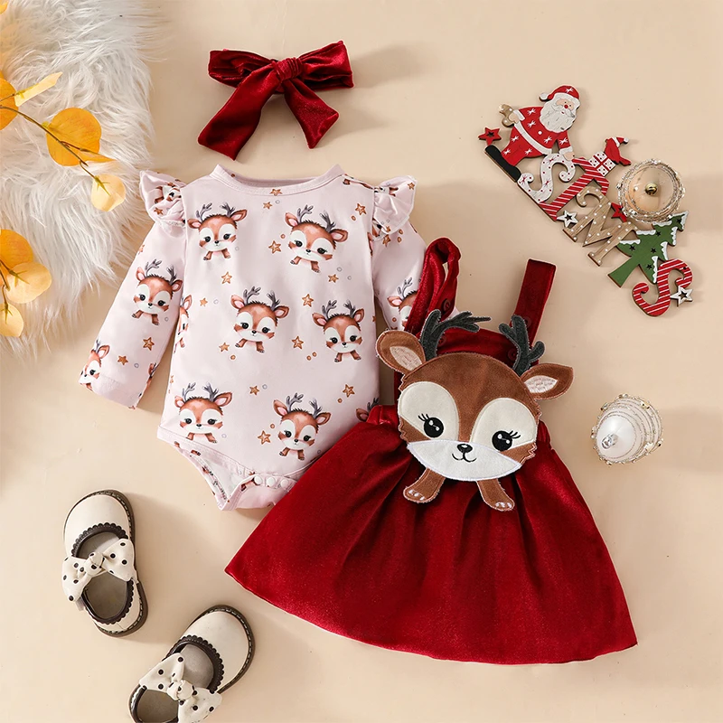 Toddler Boy Christmas Outfit Santa Claus Print Long Sleeve Romper with Suspender Pants and Hat 3 Pcs Set for Holiday