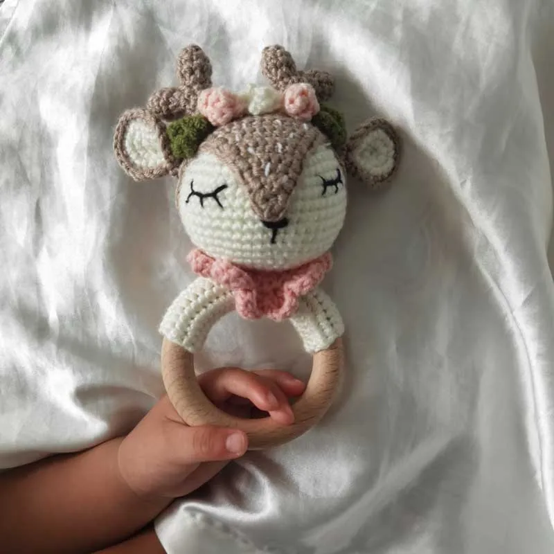 Newborn Mobile Gym Educational Ring Teething Toy Baby Cotton Baby Wooden Ring Rattle Crochet Wool Toy Customize Pacifier Chain 5