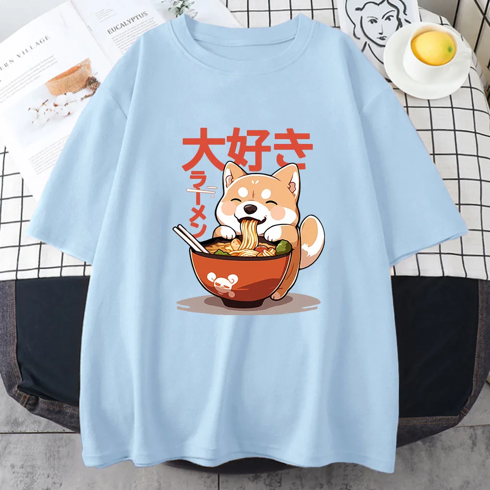 Shiba Inu Enjoying Ramen T-shirts 100% Cotton High Quality Summer Tee-shirt Casual Women/Men Kawaii Tshirt Cute Girls Shirts 5