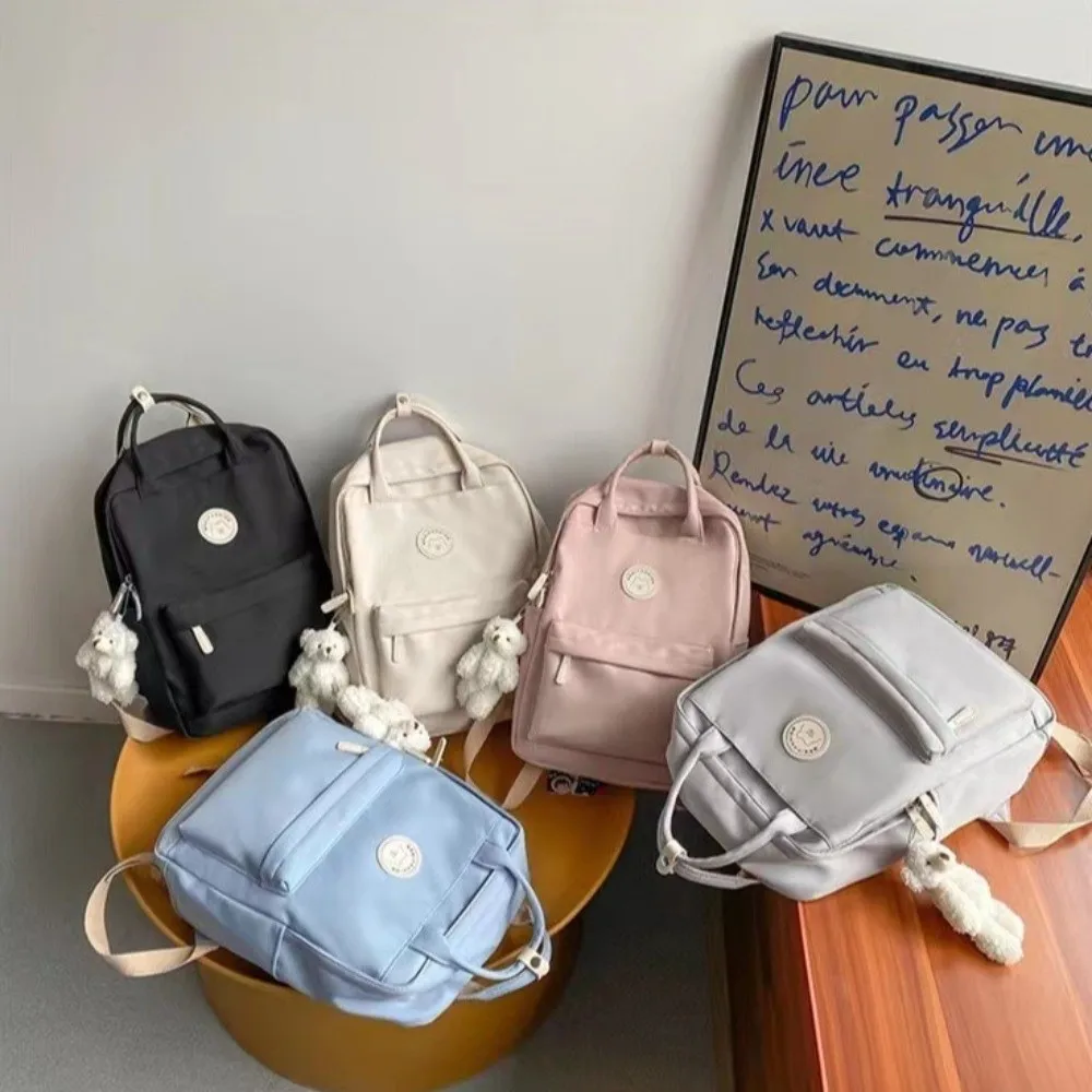 Solid Large Capacity Student Backpack Zipper Multi-Pocket Academy Girl's School Bag Spacious Nylon Plush Pendant Teens Rucksack 1