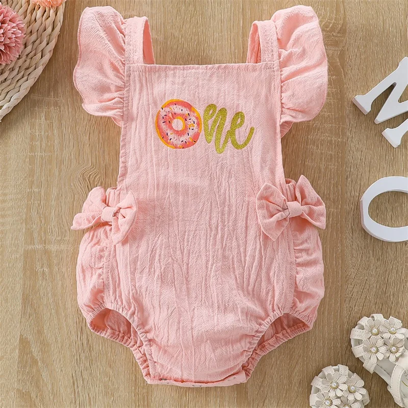 

Baby Girl Birthday Party Summer Suit Cute Ruffle Sleeveless Doughnut Letter Print Bodysuit Newborn Playsuit Princesee Romper