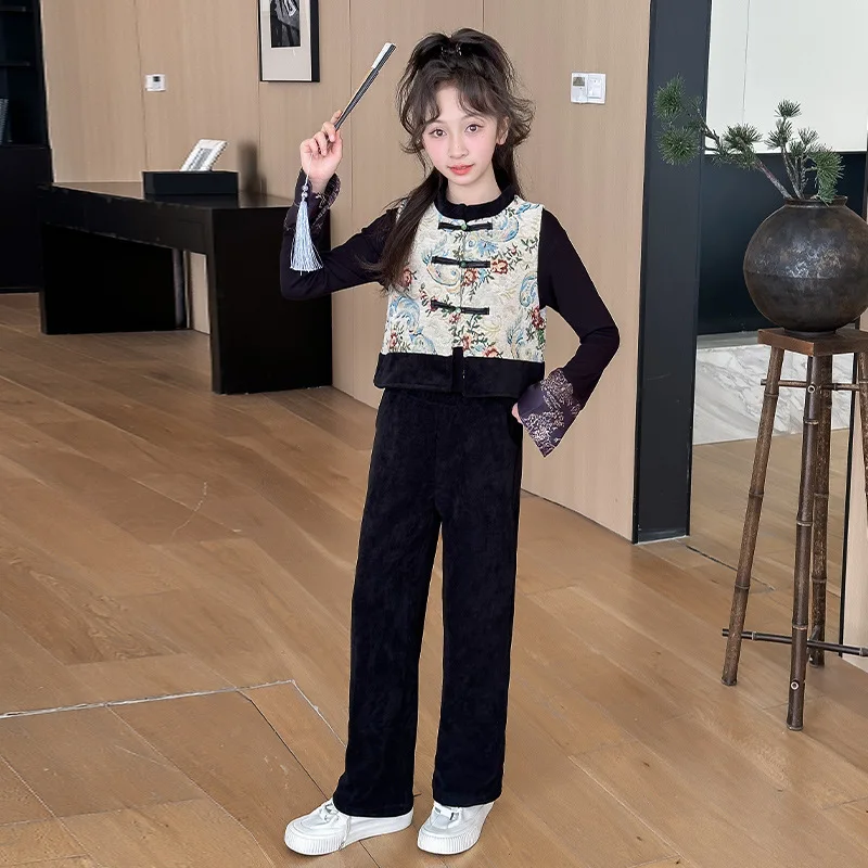 

Girls Suit 2024 New Style New Chinese Style Trend Wide Leg Pants Waistcoat Vest Three Piece Set Girl Long Sleeved Top And Pants