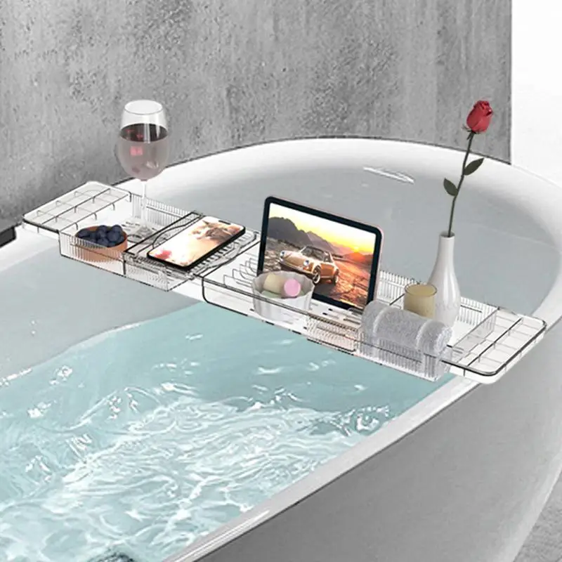 Bath Tray For Tub Clear Anti-Tipping Bath Tray Organizer Multi-Functional Glass Spacious Bathtub Organizer For Tablets