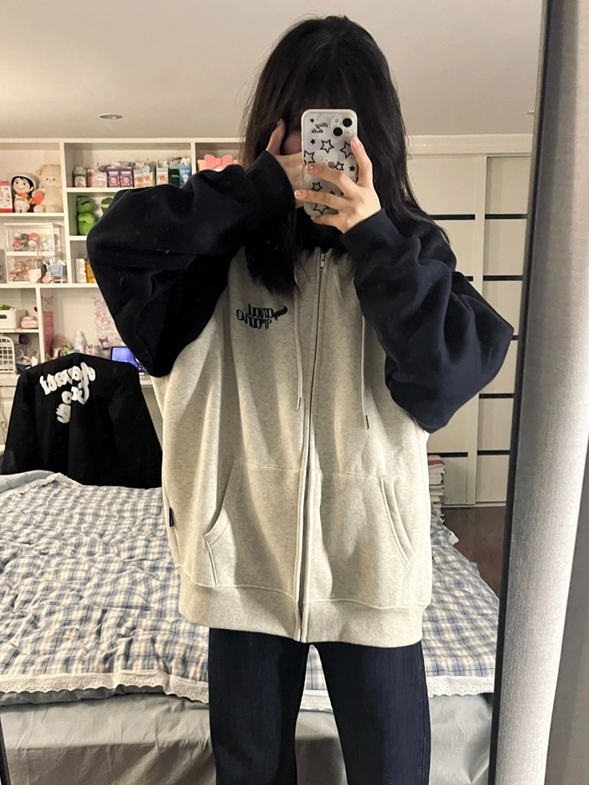 

Zip Up Hoodies Women Oversized Harajuku Hooded Sweatshirt Female Autumn Korean Fashion Outwear Vintage Patchwork Coats Ladies
