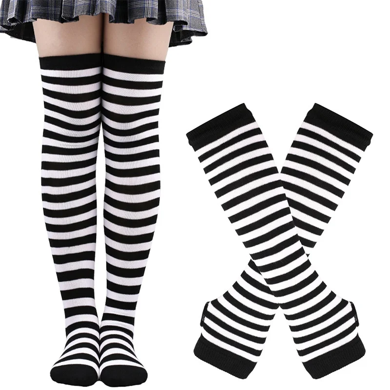 1 Set Women Girls Over Knee Long Stripe Thigh High Cotton Gothic Lolita Socks Arm Sleeve Gloves Sweet Cute Black Overknee Socks