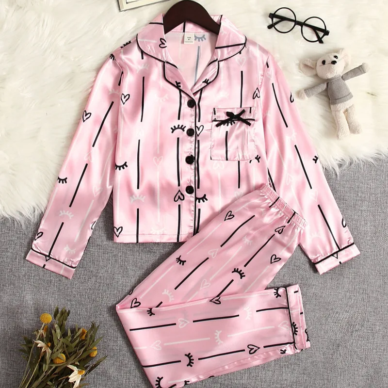 

2 Pieces Set Pajamas for Girls Striped Fashion Elegant Sleepwear Satin Silk Pjs Sleeping Lounge Wear Home Suit