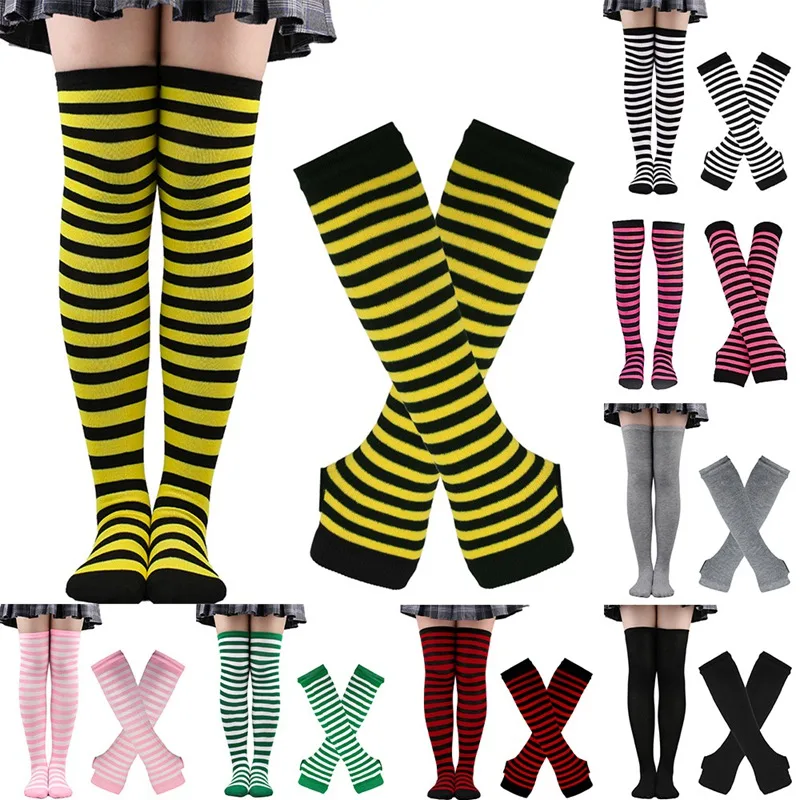1 Set Women Girls Over Knee Long Stripe Thigh High Cotton Gothic Lolita Socks Arm Sleeve Gloves Sweet Cute Black Overknee Socks