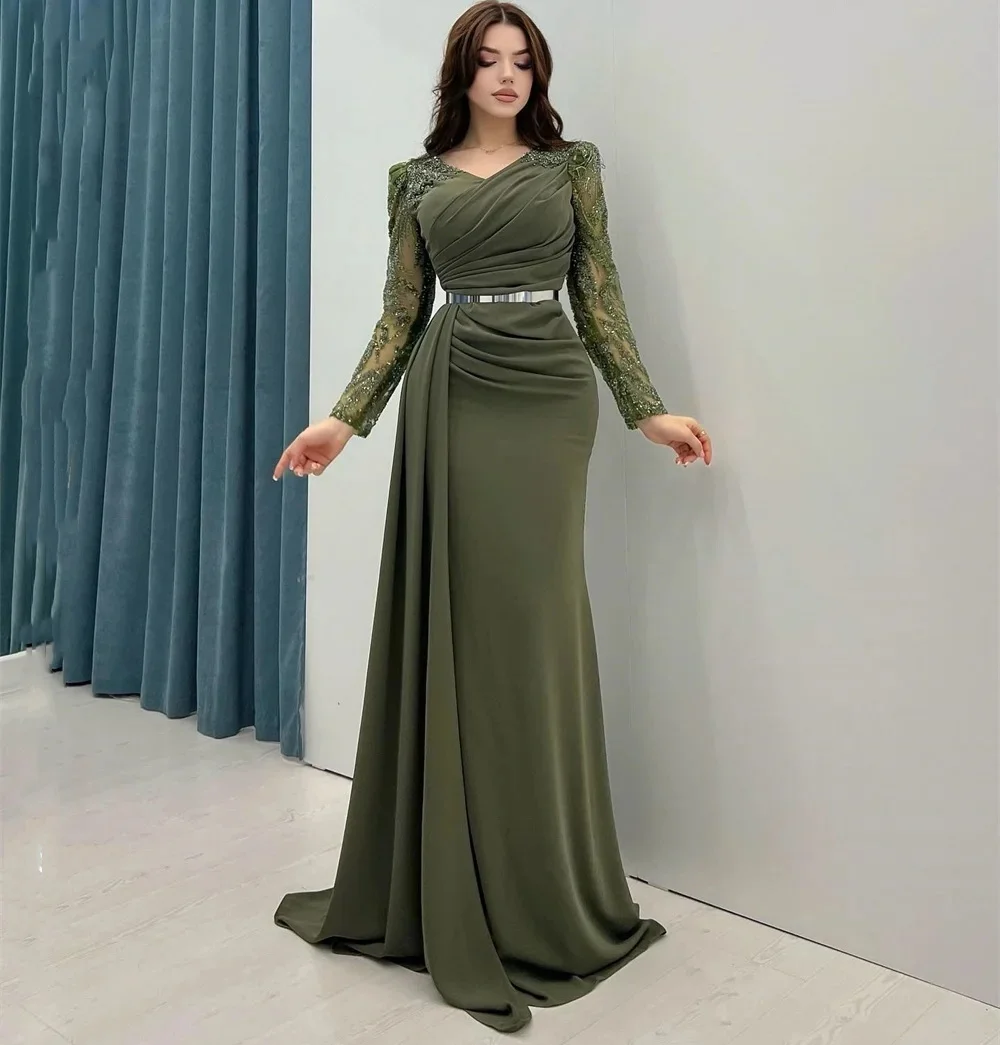 

New Women Formal Dress V-Neck Long Sleeves Prom Dress Beading Appliques Evening Dress Mermaid Party Dress Mother Recetion Gown
