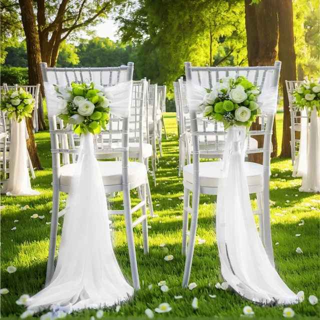 2pcs White Chiffon Wedding Chair Back Veil Chair Sashes Wedding Chair Covers Ribbon Wedding Party Aisle Chair Decor
